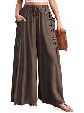 Women’s Wide Leg Drawstring Boho Pants with Side Pocket Detail - Brown